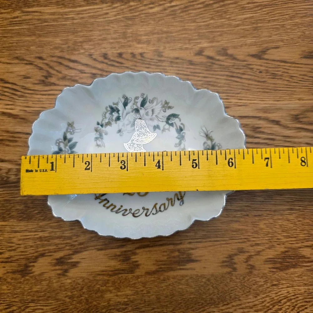 25th Silver Anniversary Porcelain Trinket Dish Scalloped Oval Tray Doves Bells